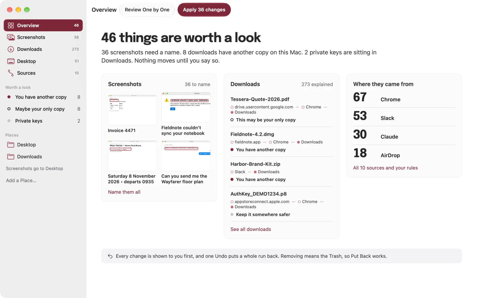 Rolltop’s Overview: 46 things are worth a look, with screenshots and their waiting names, downloads with where they came from, and the apps that saved them