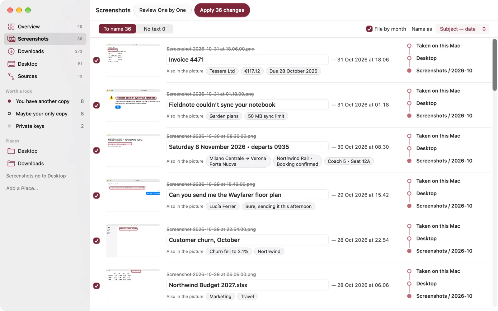 Screenshots: each old name struck through, the name read from the picture, other lines from it to choose instead, and the month folder it will go to