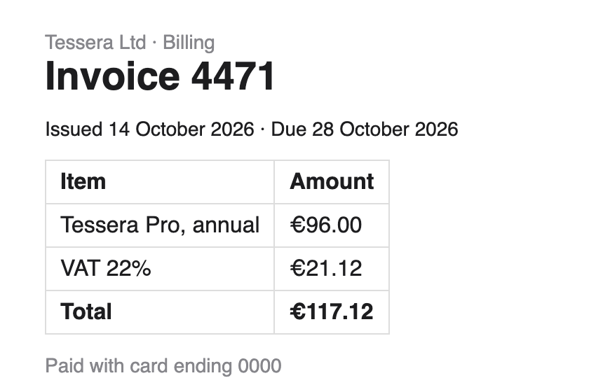 A screenshot of an invoice from Tessera Ltd: Invoice 4471, due 28 October 2026, total €117.12